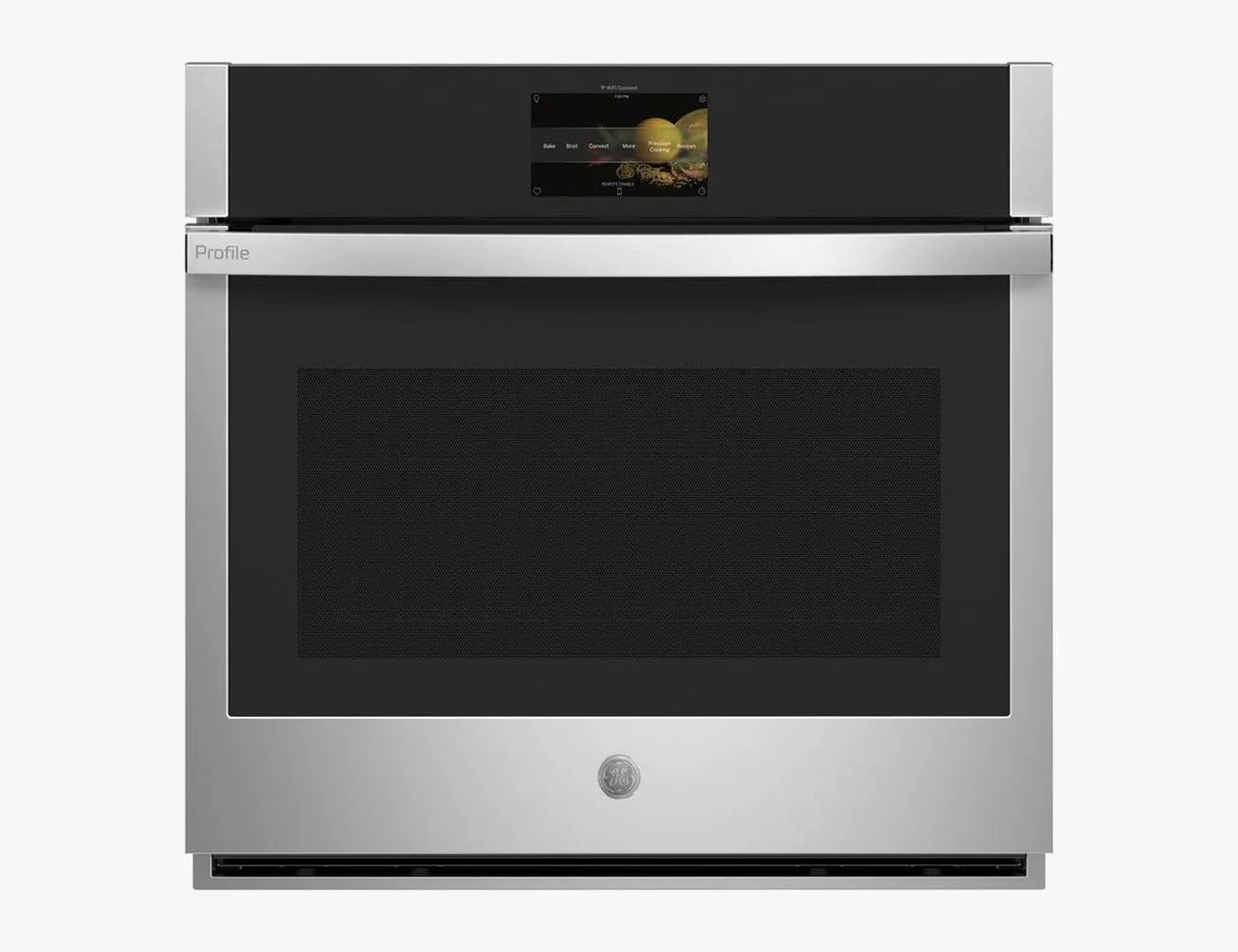Built-in General Electric stainless steel wall oven cleanly fitted into custom kitchen cabinetry